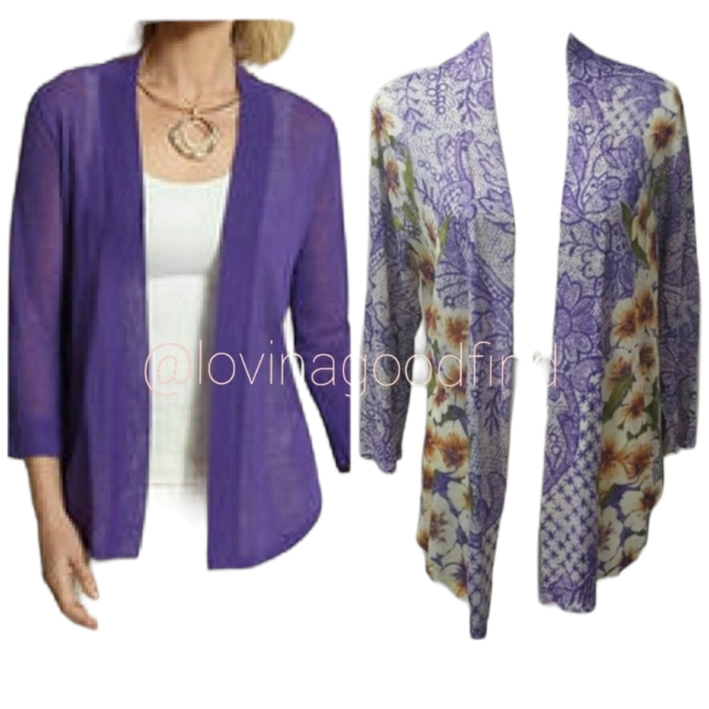 Chicos Lace Purple White Floral Grace Lightweight Cardigan NWOT sz L